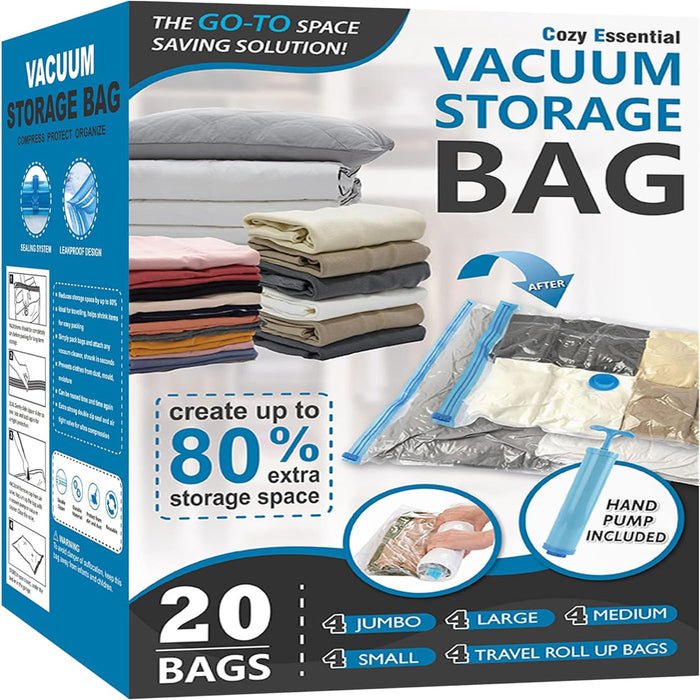 20 Pack Vacuum Storage Bags, Space Saver Bags (4 Jumbo/4 Large/4 Medium/4 Small/4 Roll)
